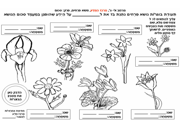 למרכז המדע: הכנת תעודת בוגר נושא פרחים על ידי מילוי הפרטים.